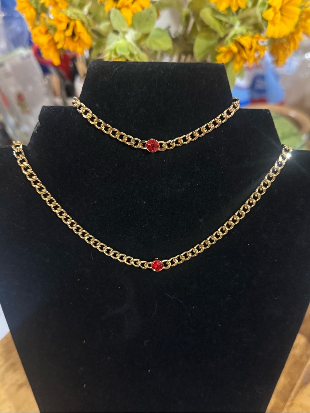 Gold Chain Necklace & bracelet Set with Red Crystal Accent - Women Jewelry
